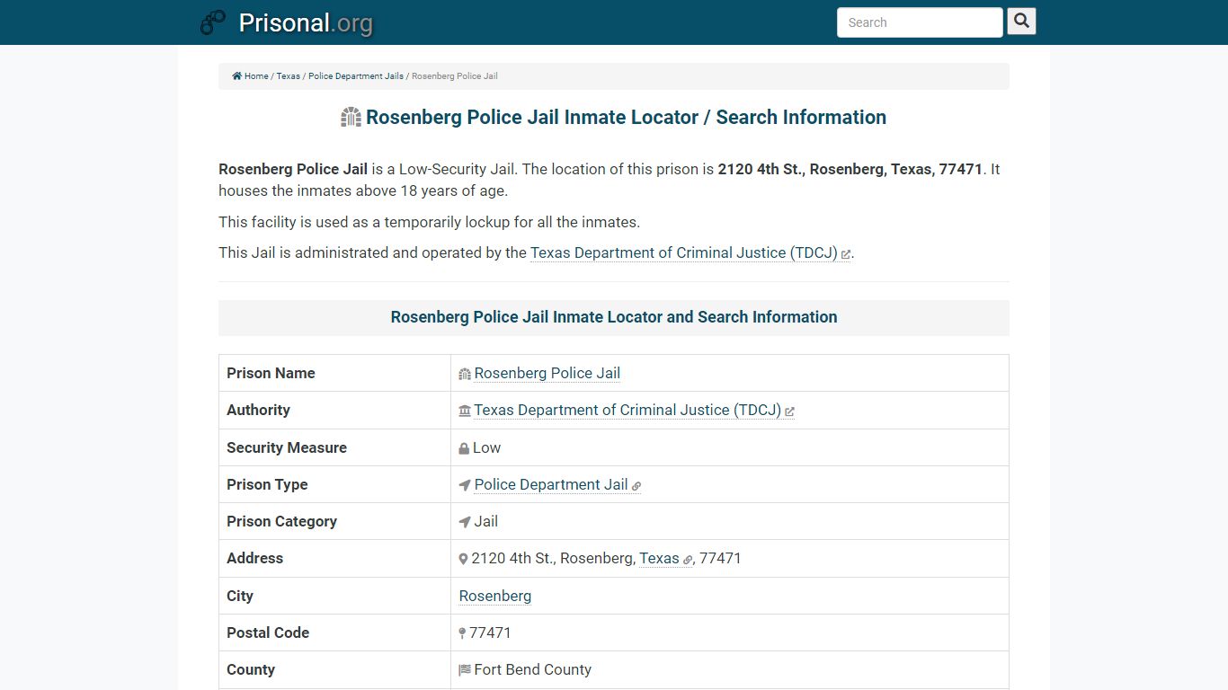 Rosenberg Police Jail Inmate Locator / Search Information